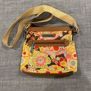 Lily Bloom Floral Canvas Crossbody Bag Floral Boho Shoulder Purse Brown Trim